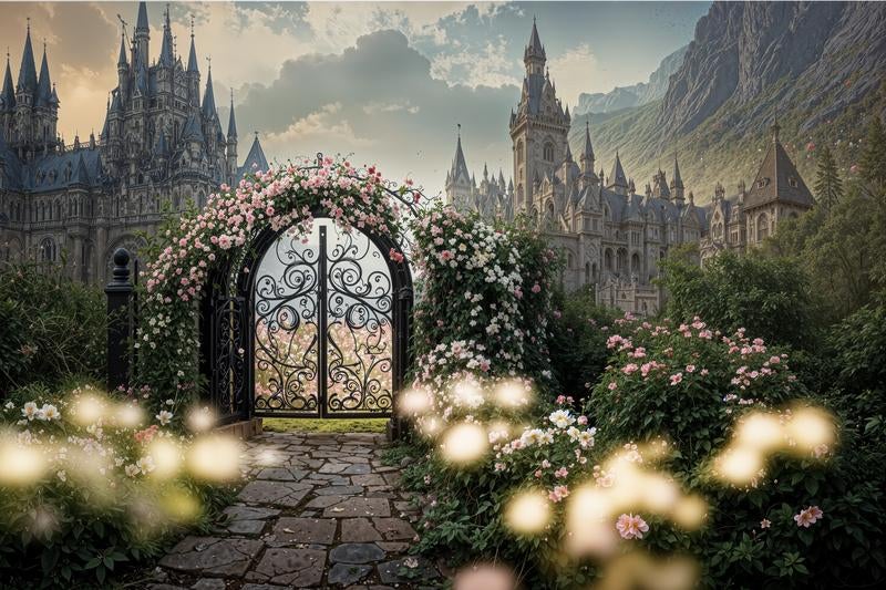 ロマンチックな花の庭園に建つ石門と霞む城の写真