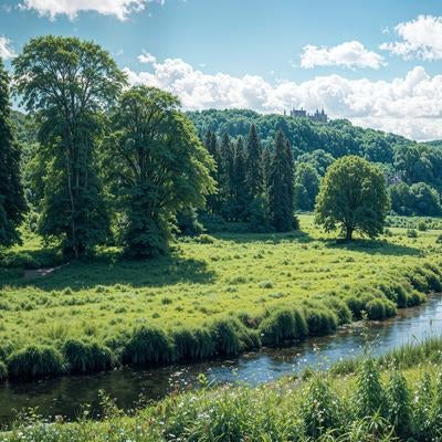 緑の牧草地を蛇行して流れる小川と遠景の森林風景の写真