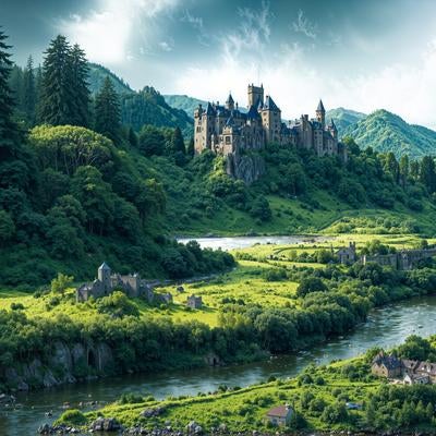 丘の上にそびえる古城と広がる草原の写真