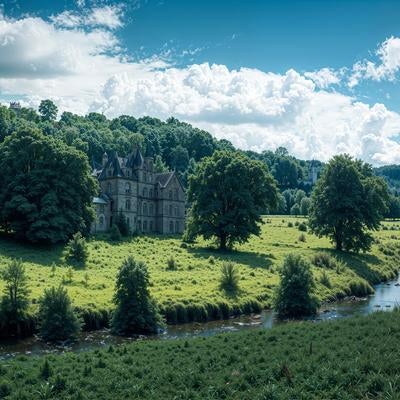 新緑の丘陵と古城風建物が佇む田園風景の写真