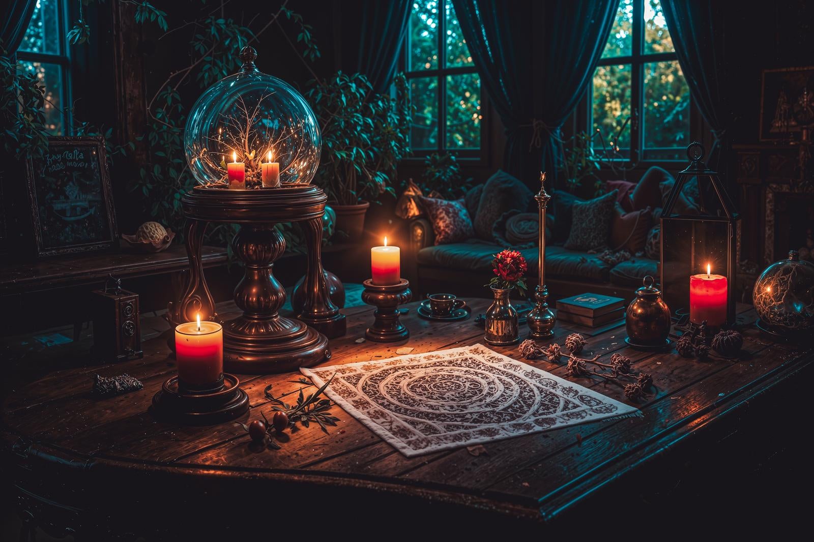 「真鍮製の燭台とガラス球体が配置された薄暗いスピリチュアル空間の占い師の部屋」の写真
