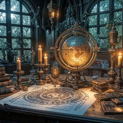 古い書斎で輝く天球儀と魔法陣の本の素材