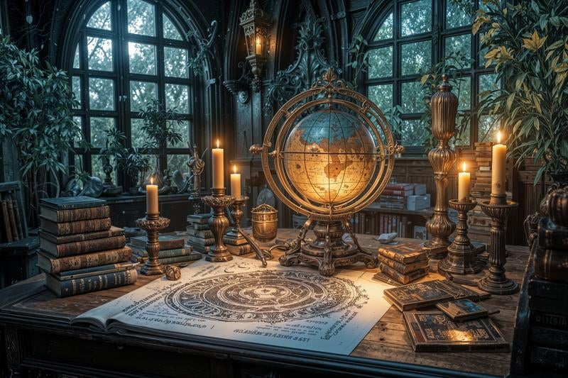 The Celestial Globe and Grimoire Glowing in an Old Study