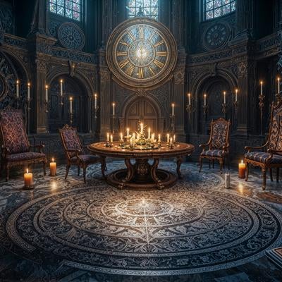 キャンドルライトに照らされた古城の円卓会議場の写真