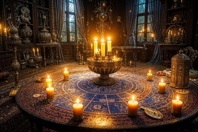 魔法使いの書斎で煌めく神秘のキャンドル儀式テーブルの写真