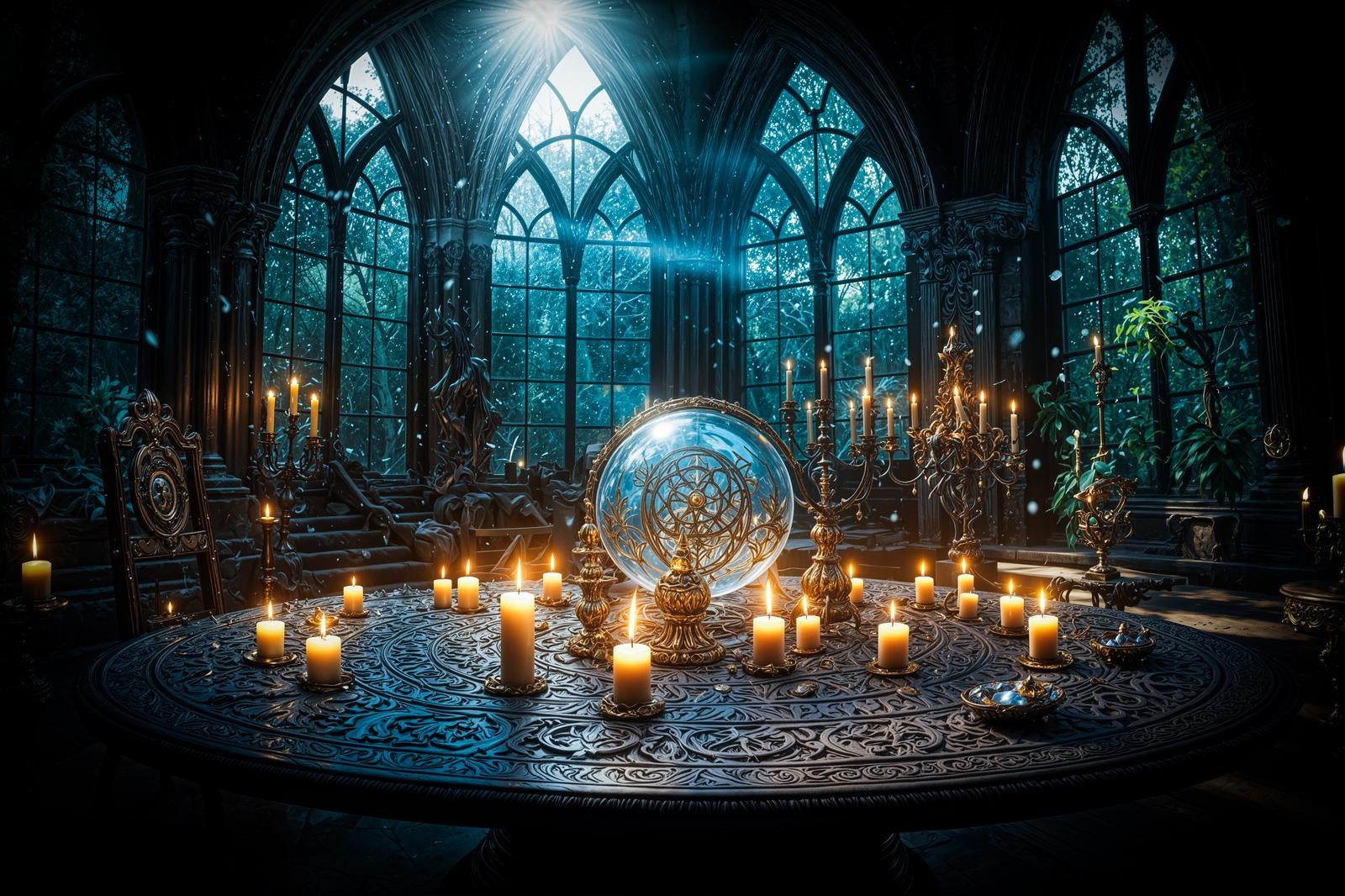 「神秘的な魔法陣とキャンドルの儀式空間」の写真
