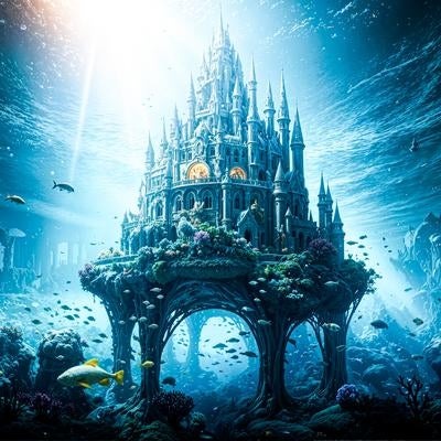 深海に沈む巨大構造物と神秘的な青い光の素材