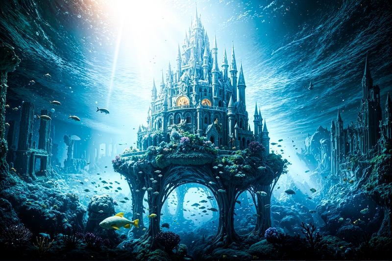 深海に沈む巨大構造物と神秘的な青い光の写真