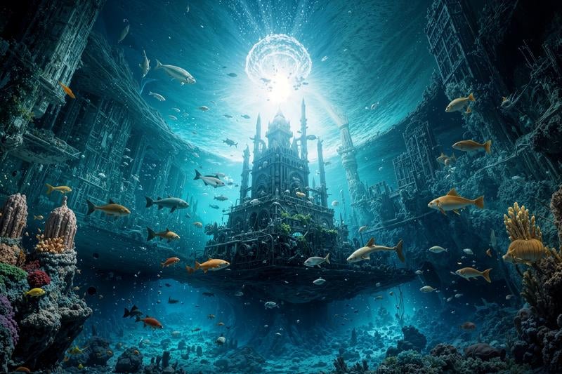 神秘的な海中洞窟に差し込む青い光の写真