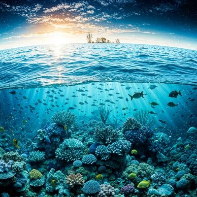 海中世界から見上げる太陽と水面の写真