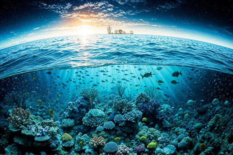海中世界から見上げる太陽と水面の写真