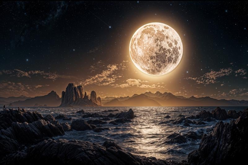 荒波と巨岩が織りなす月夜の絶景の写真