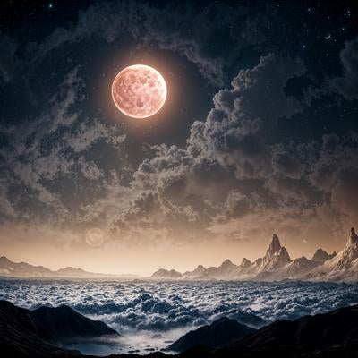 幻想の月夜に浮かぶ神秘の山々の写真