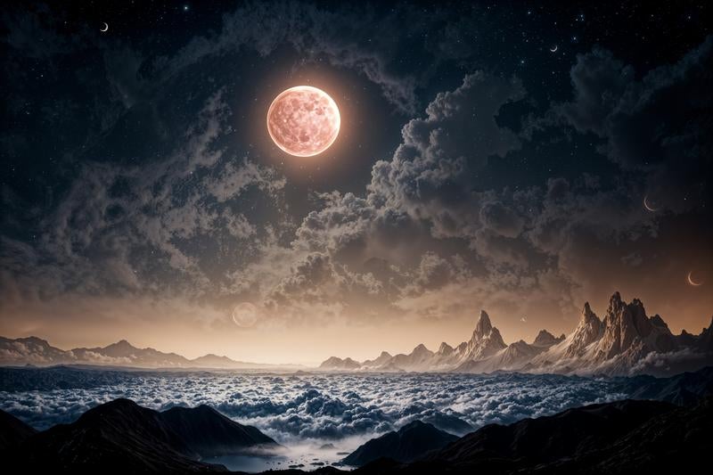 幻想の月夜に浮かぶ神秘の山々の写真