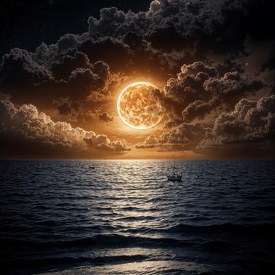 黄金の満月が照らす神秘の夜海の写真