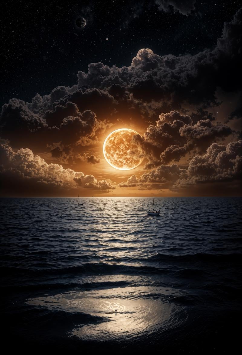 黄金の満月が照らす神秘の夜海の写真