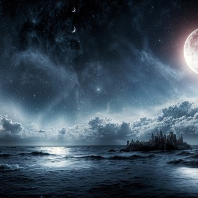 満月が照らす静寂の海と雲の広がりの写真
