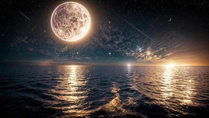 静寂と神秘に包まれた夜の海景の写真