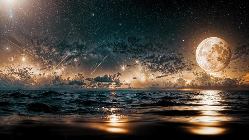 月光が描く幻想的な水面の光の道の写真