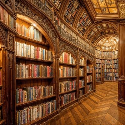 重厚な木造装飾に包まれたクラシカルな図書館の写真