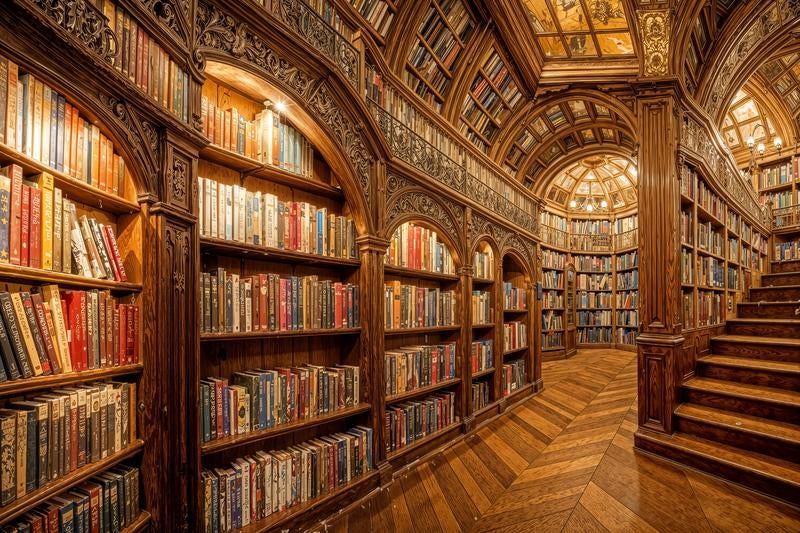 重厚な木造装飾に包まれたクラシカルな図書館の写真