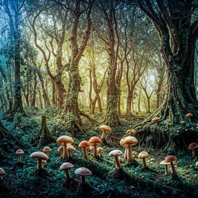 自然の芸術・キノコが彩る深い森の写真