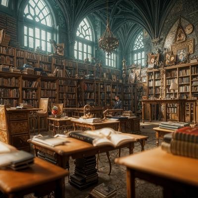 高い天井と美しいアーチが印象的な中世風の古典図書館内部の写真