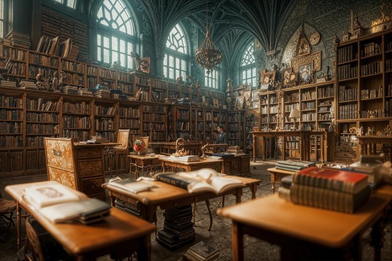 Interior of a Medieval European-Style Classical Library with Impressive High Ceilings and Beautiful Arches