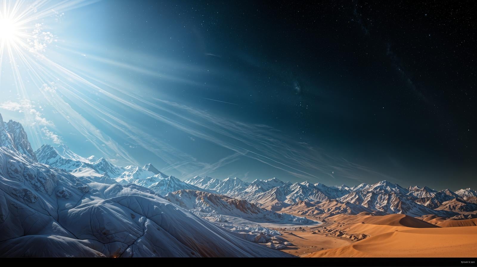 「太陽光が差し込む雪山の風景」の写真