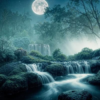 月光に照らされた幻想的な渓谷の素材