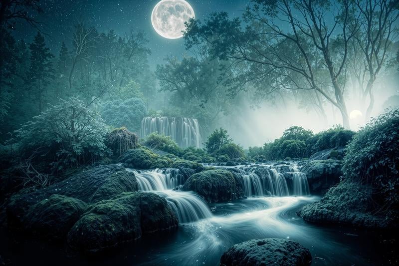 月光に照らされた幻想的な渓谷の写真