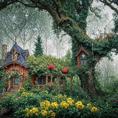 赤い花と蔦に覆われた木造小屋風の建物と大樹のある庭園の写真