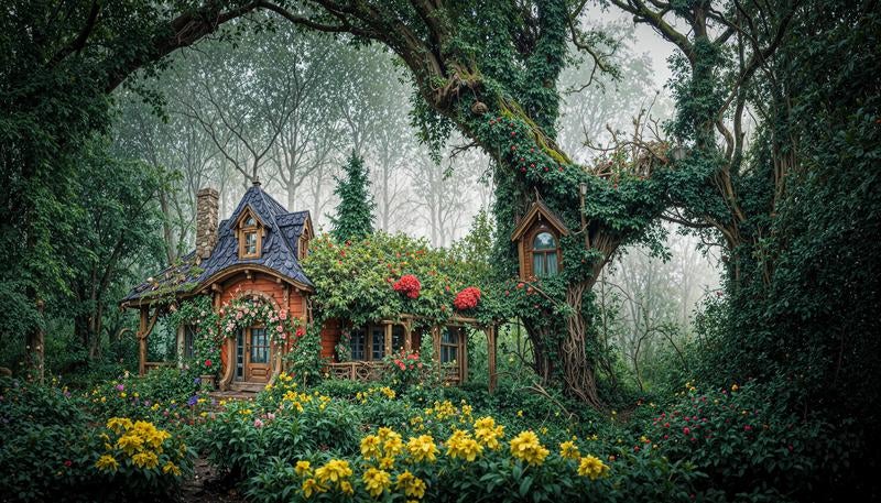 赤い花と蔦に覆われた木造小屋風の建物と大樹のある庭園の写真