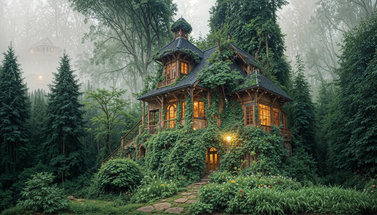 「深い森に佇む美しいツタ屋敷と温かな明かりの窓」の写真