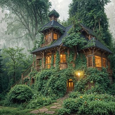 深い森に佇む美しいツタ屋敷と温かな明かりの窓の写真