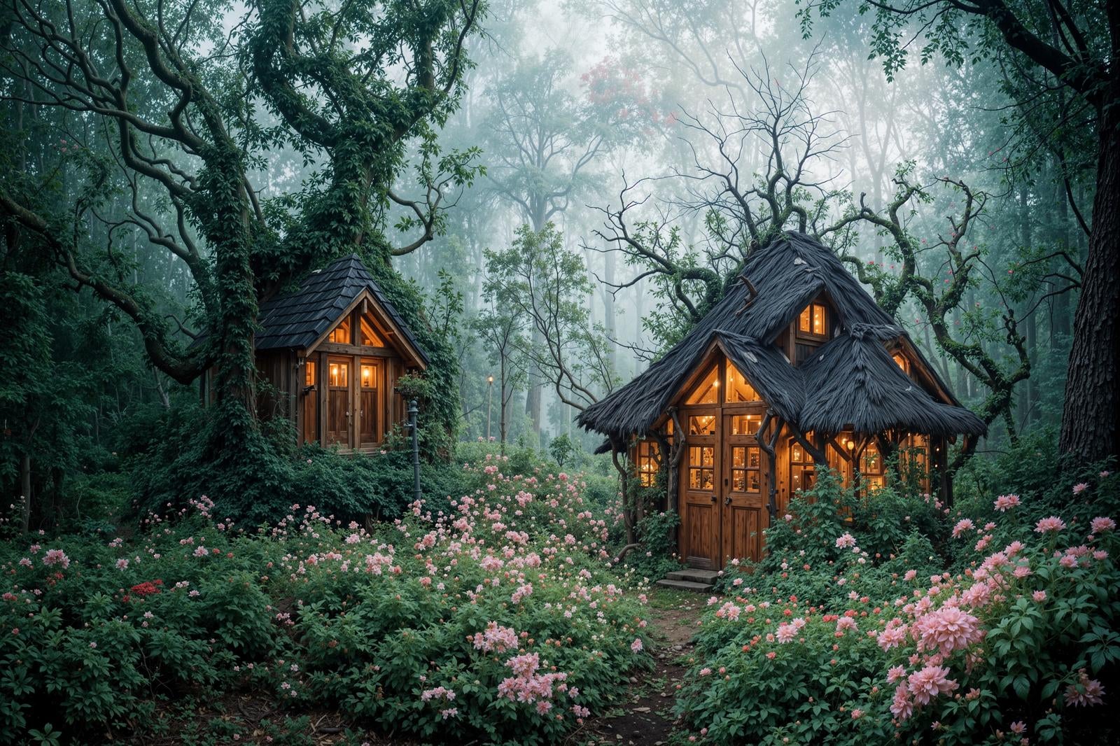An eerie, thatched-roof witch's cottage in a shadowy forest, surrounded by pink flowers