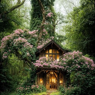 ピンクの花に囲まれた山小屋の写真