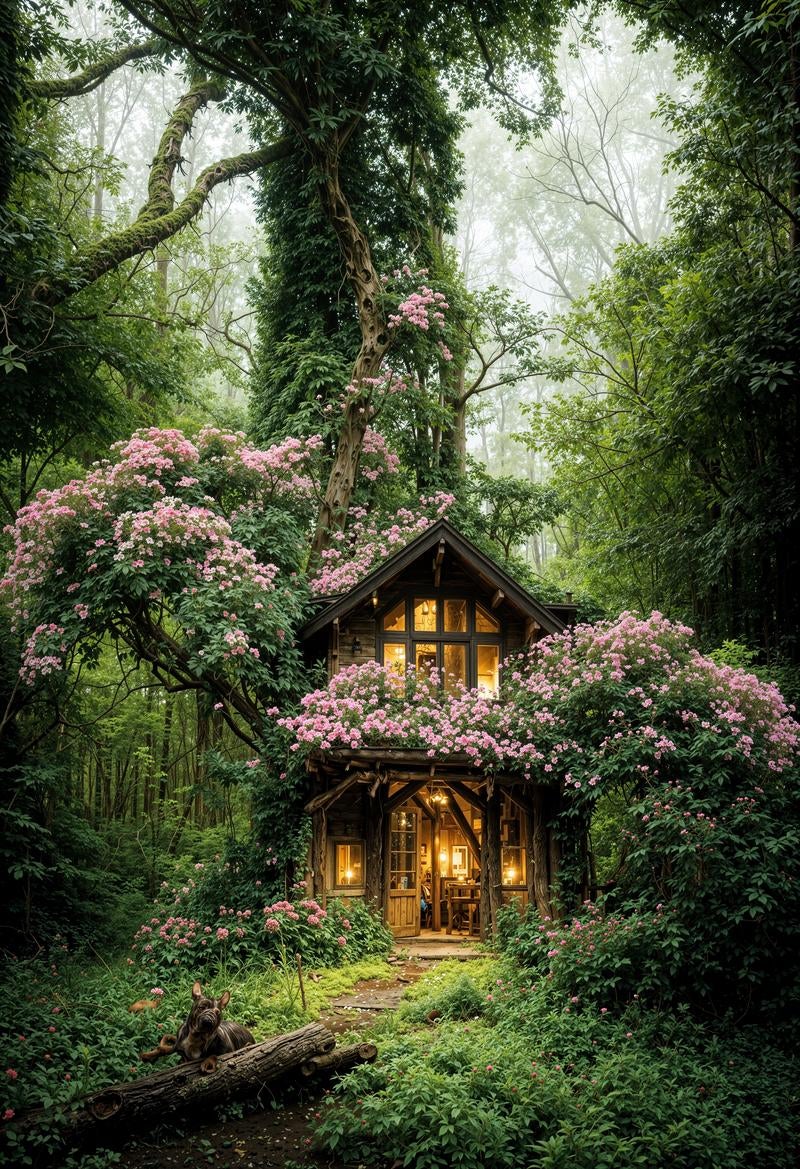 ピンクの花に囲まれた山小屋の写真