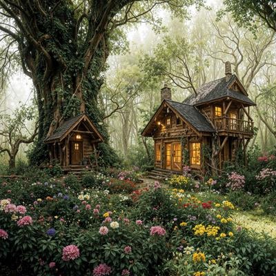 温かな灯りが灯る木造コテージと色とりどりの花園に包まれた森の住まいの写真