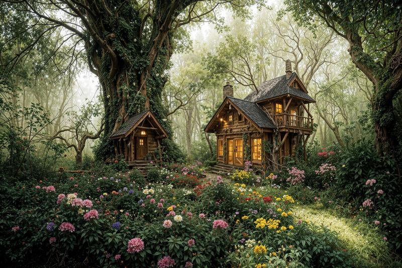 A Fairy-Tale Forest Cottage with Chimney Surrounded by Colorful Flowers