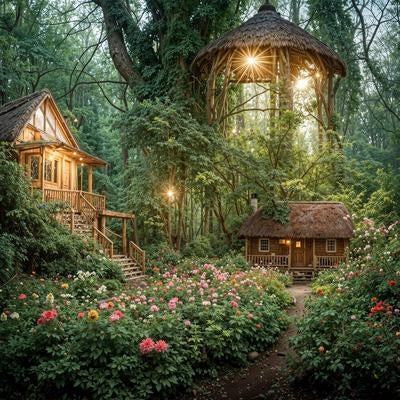 花園に囲まれた秘密の山小屋の写真