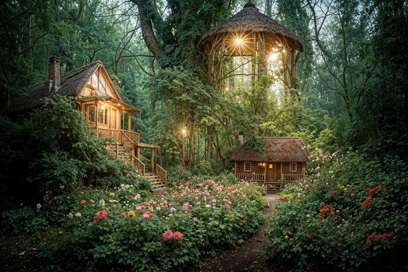 花園に囲まれた秘密の山小屋の写真