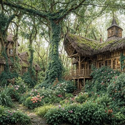 まるでおとぎ話に出てきそうな森の中の木造ツリーハウス群の写真