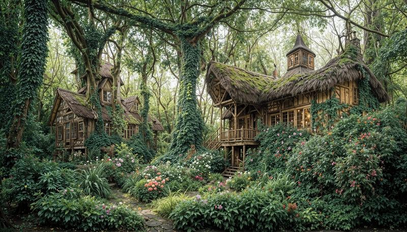まるでおとぎ話に出てきそうな森の中の木造ツリーハウス群の写真