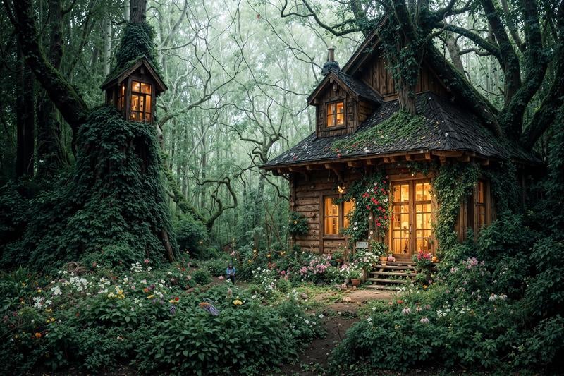 森の奥に佇む温かな灯りの木造小屋の写真