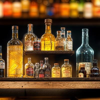 琥珀色の液体が詰まった多彩な酒瓶が並ぶバーのカウンターの写真