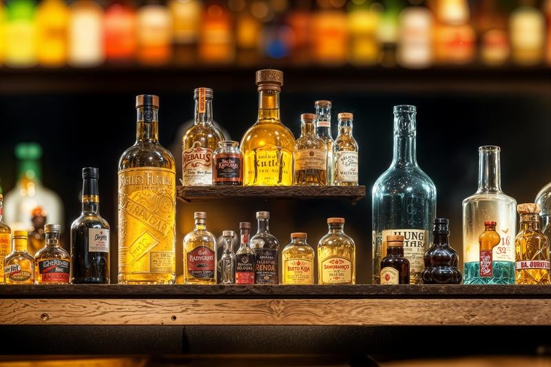 琥珀色の液体が詰まった多彩な酒瓶が並ぶバーのカウンター