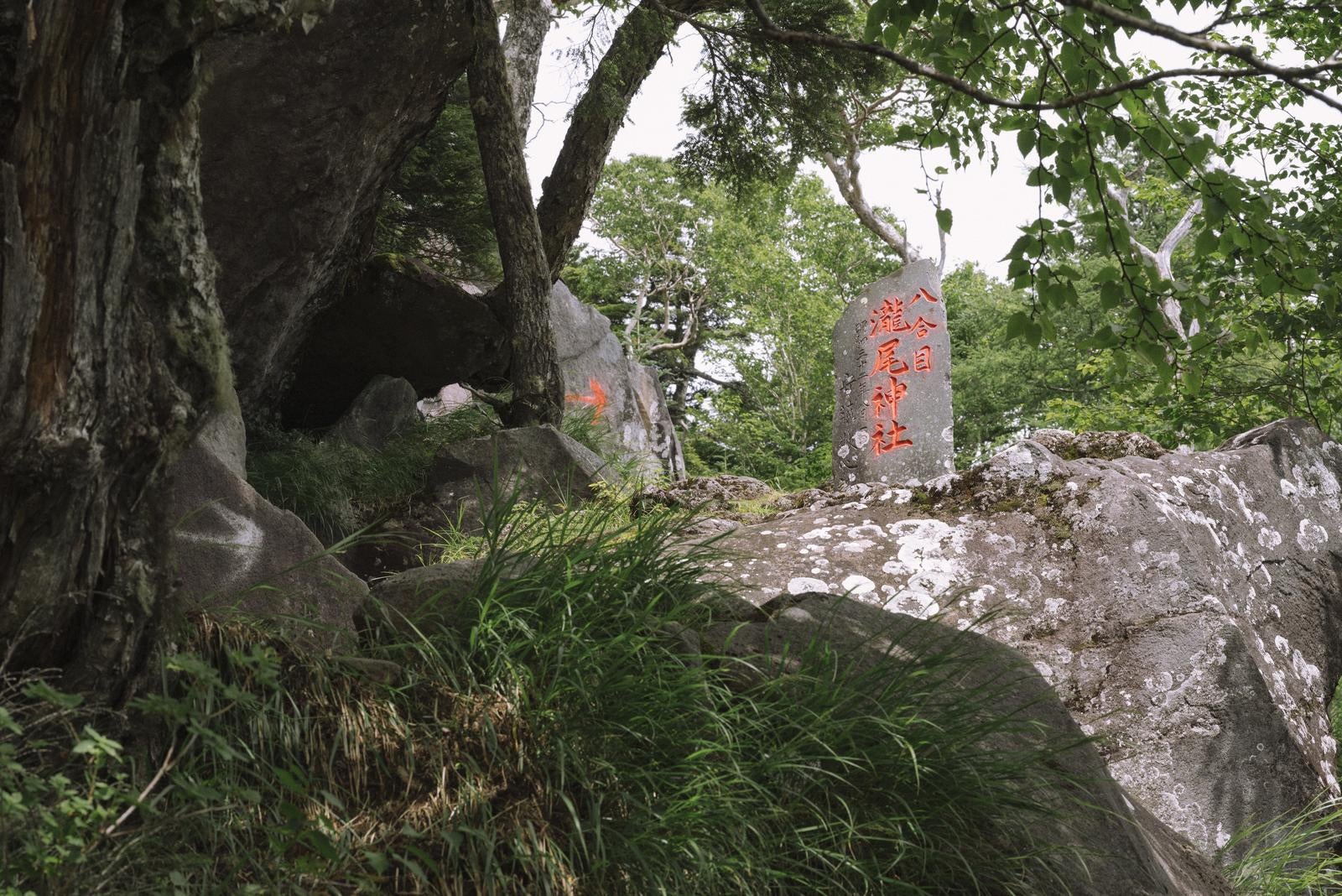 「木陰から望む男体山八合目瀧尾神社石碑」の写真