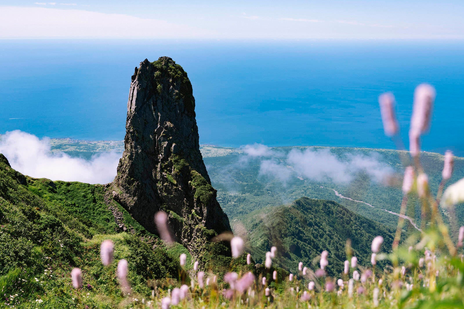 「水平線広がる景色に浮かぶローソク岩」の写真