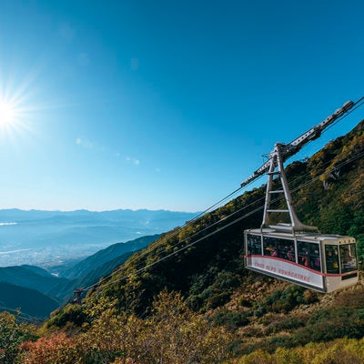 紅葉の山を登る木曽駒ヶ岳ロープウェイの写真